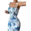 image:imageFloerns Womens Tie Shoulder Floral Boho Maxi Dress Ruched Bust Split Fishtail Beach Bodycon DressesBlue and White