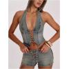 image:imageFloerns Womens Y2k Lace Up Denim Halter Top Sleeveless Open Back Crop Western Cowboy Tank TopsMedium Wash