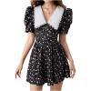 image:imageFloerns Womens Floral A Line Dress Puff Sleeve Collared Neck Ruffle Hem Vacation DressesBlack