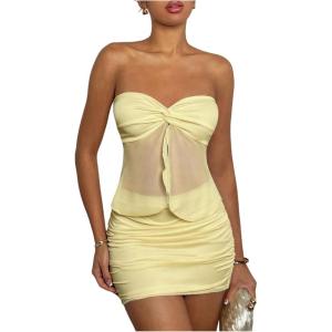 image:imageFloerns Womens 2 Piece Outfit Going Out Twist Strapless Tops Bodycon Mini Skirt SetYellow