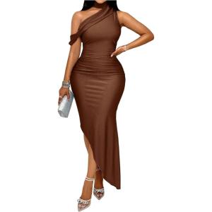 image:imageFloerns Womens Asymmetrical Neck Ruched Dress Bodycon Cocktail Party Maxi DressesBrown