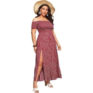 image:imageFloerns Womens Boho Floral Print Off Shoulder Split Long A Line DressA Red Plus