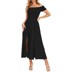 image:imageFloerns Womens Boho Floral Print Off Shoulder Split Long A Line DressA Solid Black