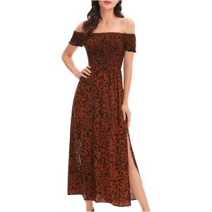 image:imageFloerns Womens Boho Floral Print Off Shoulder Split Long A Line DressBlack Coffee