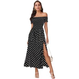 image:imageFloerns Womens Boho Floral Print Off Shoulder Split Long A Line DressBlackWhite