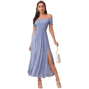 image:imageFloerns Womens Boho Floral Print Off Shoulder Split Long A Line DressBlue Flower