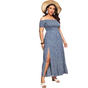 image:imageFloerns Womens Boho Floral Print Off Shoulder Split Long A Line DressBlue Plus