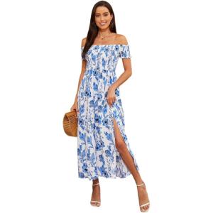 image:imageFloerns Womens Boho Floral Print Off Shoulder Split Long A Line DressBlue White