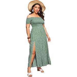 image:imageFloerns Womens Boho Floral Print Off Shoulder Split Long A Line DressGreen Plus