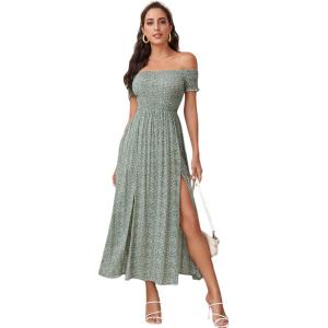 image:imageFloerns Womens Boho Floral Print Off Shoulder Split Long A Line DressGreenWhite