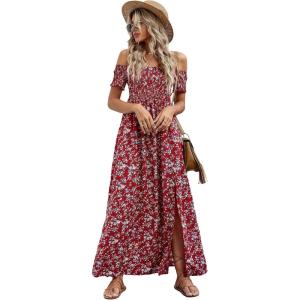 image:imageFloerns Womens Boho Floral Print Off Shoulder Split Long A Line DressMaroon Flower