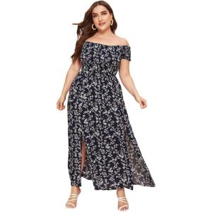 image:imageFloerns Womens Boho Floral Print Off Shoulder Split Long A Line DressNavy Plus