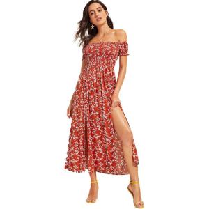 image:imageFloerns Womens Boho Floral Print Off Shoulder Split Long A Line DressRedWhite