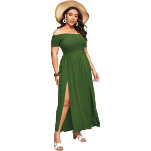 image:imageFloerns Womens Boho Floral Print Off Shoulder Split Long A Line DressSolid Dark Green Plus