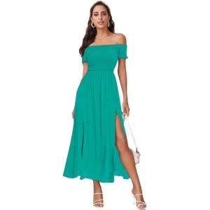 image:imageFloerns Womens Boho Floral Print Off Shoulder Split Long A Line DressSolid Light Green