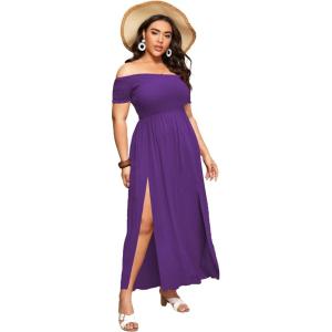 image:imageFloerns Womens Boho Floral Print Off Shoulder Split Long A Line DressSolid Purple Plus