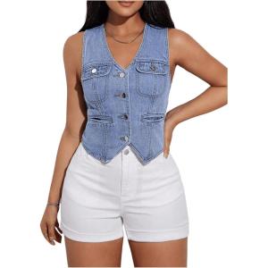 image:imageFloerns Womens Button Down Denim Vest V Neck Sleeveless Asymmetrical Jean Crop TopLight Wash