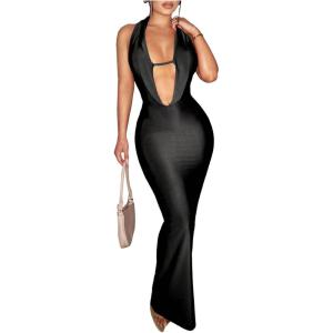 image:imageFloerns Womens Deep V Neck Sleeveless Bodycon Dress Draped Front Pencil Maxi DressBlack