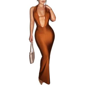 image:imageFloerns Womens Deep V Neck Sleeveless Bodycon Dress Draped Front Pencil Maxi DressBrown