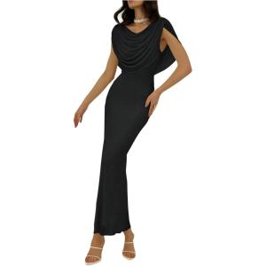 image:imageFloerns Womens Elegant Draped Cowl Neck Bodycon Dress Sleeveless Mesh Cocktail Party Long DressesBlack