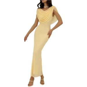 image:imageFloerns Womens Elegant Draped Cowl Neck Bodycon Dress Sleeveless Mesh Cocktail Party Long DressesLight Yellow