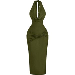 image:imageFloerns Womens Elegant Midi Dress Draped Halter Neck Twist Formal Bodycon DressesArmy Green