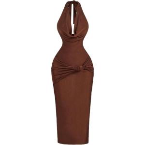 image:imageFloerns Womens Elegant Midi Dress Draped Halter Neck Twist Formal Bodycon DressesBrown