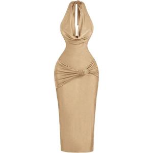image:imageFloerns Womens Elegant Midi Dress Draped Halter Neck Twist Formal Bodycon DressesChampagne