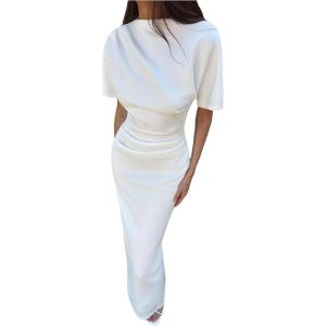 image:imageFloerns Womens Elegant Short Sleeve Maxi Dress Split Bodycon Ruched Wedding Guest DressWhite