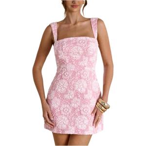 image:imageFloerns Womens Floral Jacquard Square Neck Tank Dress Elegant Mini Wedding Guest DressesPink
