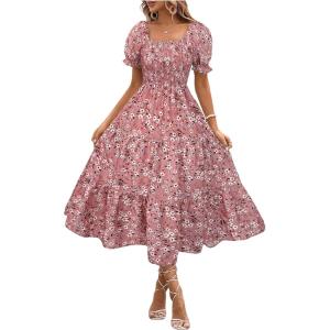 image:imageFloerns Womens Floral Puff Sleeve Tiered Dress Square Neck A Line Midi Dress