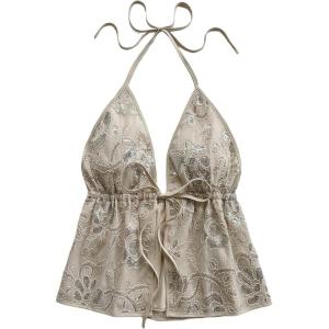 image:imageFloerns Womens Floral Sequin Backless Halter Top Tie Front Sleeveless Night Out TopsBeige