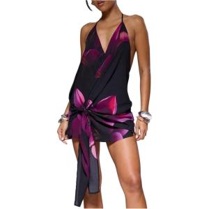 image:imageFloerns Womens Floral Sleeveless Night Out Halter Dress Open Back Party Wedding Guest Mini DressesBlack