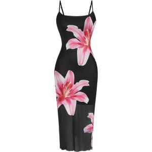 image:imageFloerns Womens Flower Print Slip Dress Spaghetti Strap Summer Bodycon Cami DressBlack