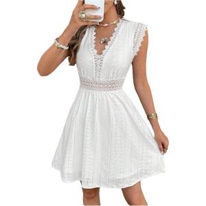 image:imageFloerns Womens Lace V Neck Vacation Dress Sleeveless Eyelet Embroidery Summer A Line Dresses