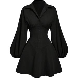 image:imageFloerns Womens Lantern Long Sleeve Button Up Dress A Line Elegant Mini DressesBlack