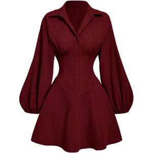 image:imageFloerns Womens Lantern Long Sleeve Button Up Dress A Line Elegant Mini DressesBurgundy