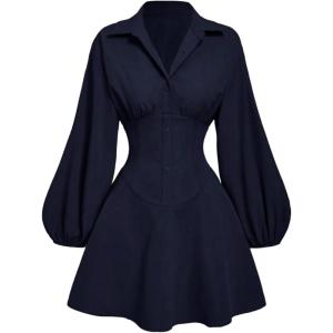 image:imageFloerns Womens Lantern Long Sleeve Button Up Dress A Line Elegant Mini DressesDark Blue