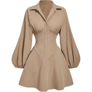 image:imageFloerns Womens Lantern Long Sleeve Button Up Dress A Line Elegant Mini DressesKhaki
