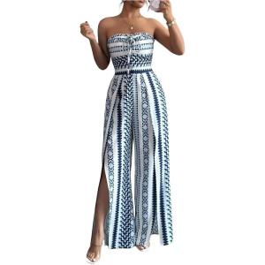 image:imageFloerns Womens One Piece Strapless Jumpsuit Boho Wide Leg Tube Rompers Beach Vacation ClothesBlue and White