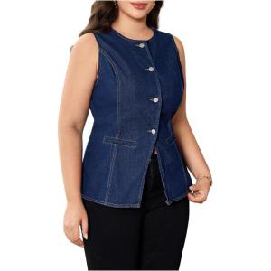 image:imageFloerns Womens Plus Size Button Front Denim Tops Sleeveless Tank Casual ShirtsBlue