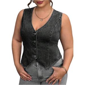 image:imageFloerns Womens Plus Size Sleeveless Vest Denim Jacket Button Front V Neck WaistcoatBlack