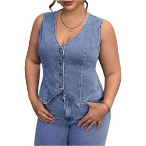 image:imageFloerns Womens Plus Size Sleeveless Vest Denim Jacket Button Front V Neck WaistcoatBlue