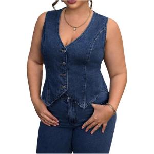 image:imageFloerns Womens Plus Size Sleeveless Vest Denim Jacket Button Front V Neck WaistcoatDark Blue