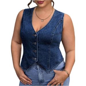 image:imageFloerns Womens Plus Size Sleeveless Vest Denim Jacket Button Front V Neck WaistcoatDark Wash