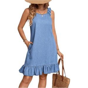 image:imageFloerns Womens Ruffle Trim Sleeveless Tank Denim Dress Vacation Scoop Neck Jean DressesBlue