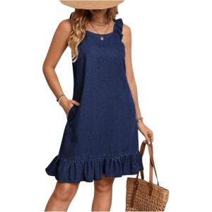 image:imageFloerns Womens Ruffle Trim Sleeveless Tank Denim Dress Vacation Scoop Neck Jean DressesDark Wash