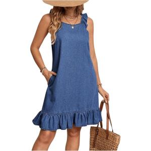 image:imageFloerns Womens Ruffle Trim Sleeveless Tank Denim Dress Vacation Scoop Neck Jean DressesMedium Wash