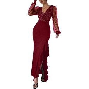 image:imageFloerns Womens Sequin V Neck Maxi Dress Mesh Long Sleeve Cocktail Party Slit Bodycon DressesBurgundy