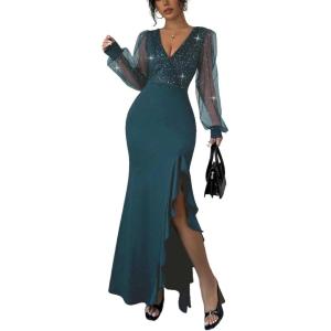 image:imageFloerns Womens Sequin V Neck Maxi Dress Mesh Long Sleeve Cocktail Party Slit Bodycon DressesTeal Blue
